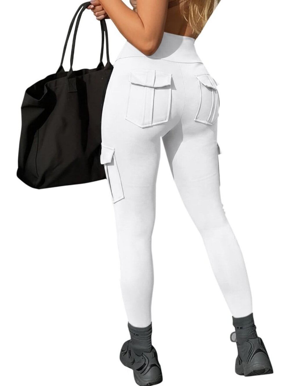 Women's White High Waisted Tummy Control Running Workout Leggings with Pocket